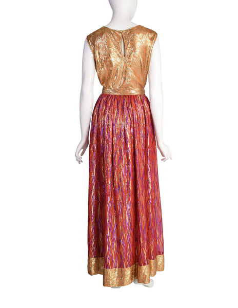 Adolfo Vintage Gold and Red Metallic Silk Top and Skirt Ensemble Set