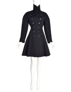 Azzedine Alaia Vintage AW 1986 Black Wool Curved Collar Double Breasted Hourglass Princess Coat