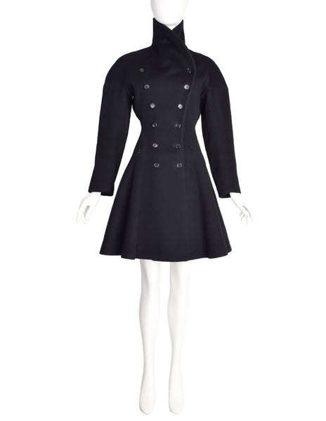 Azzedine Alaia Vintage AW 1986 Black Wool Curved Collar Double Breasted Hourglass Princess Coat