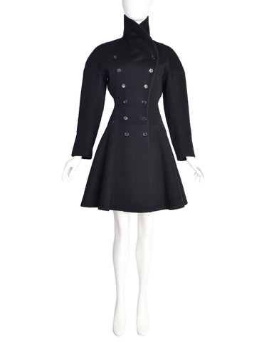 Azzedine Alaia Vintage AW 1986 Black Wool Curved Collar Double Breasted Hourglass Princess Coat
