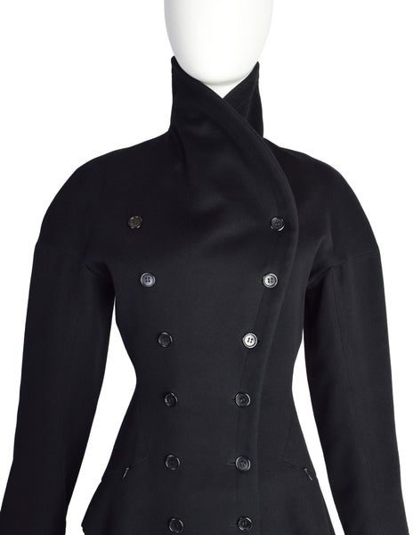 Azzedine Alaia Vintage AW 1986 Black Wool Curved Collar Double Breasted Hourglass Princess Coat