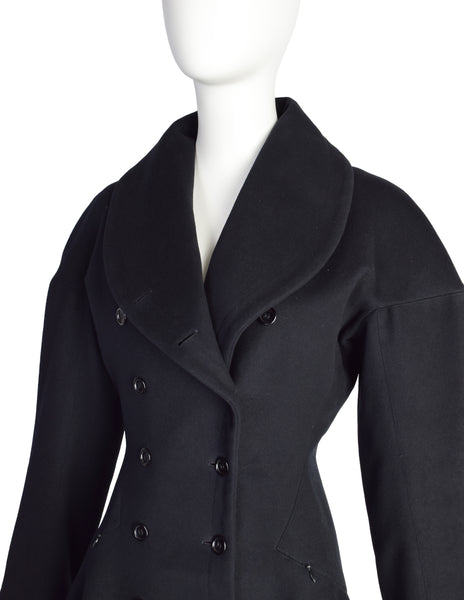 Azzedine Alaia Vintage AW 1986 Black Wool Curved Collar Double Breasted Hourglass Princess Coat