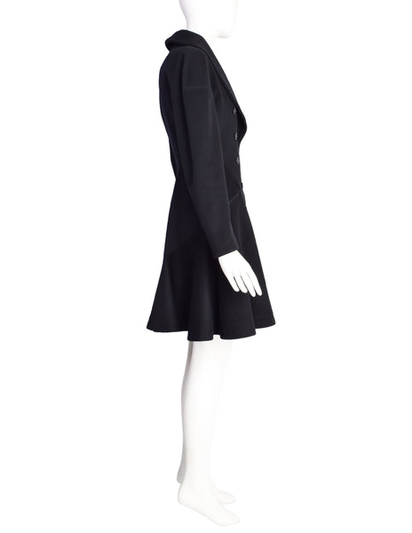 Azzedine Alaia Vintage AW 1986 Black Wool Curved Collar Double Breasted Hourglass Princess Coat