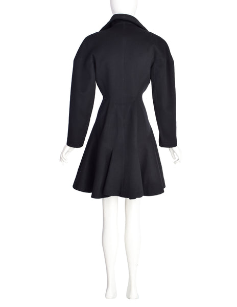 Azzedine Alaia Vintage AW 1986 Black Wool Curved Collar Double Breasted Hourglass Princess Coat