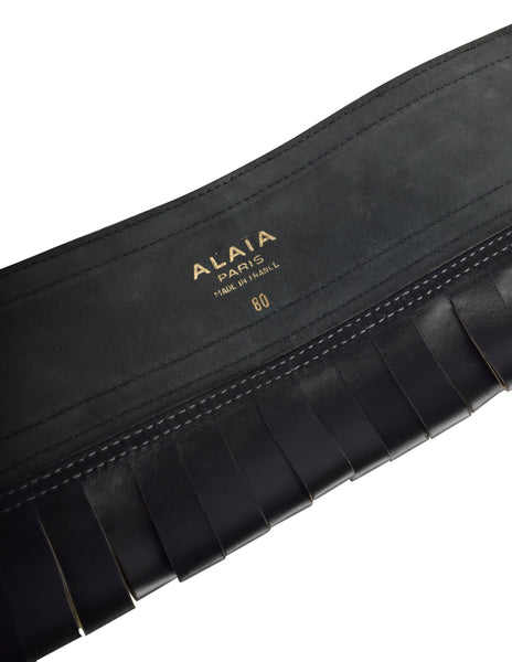 Alaia Vintage Black Leather Ultra Wide Fringe Belt