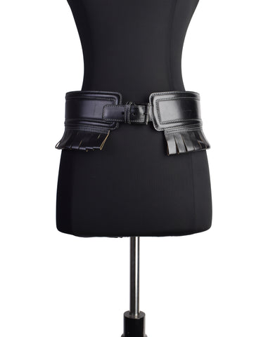 Alaia Vintage Black Leather Ultra Wide Fringe Belt