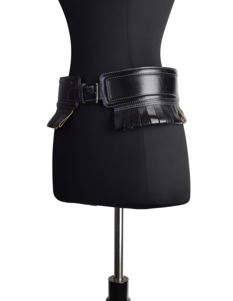 Alaia Vintage Black Leather Ultra Wide Fringe Belt