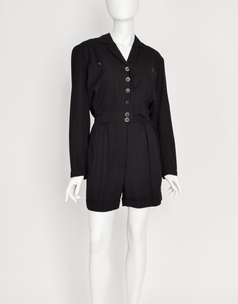 Alaia Vintage Black Collared Long Sleeve Shorts Jumpsuit
