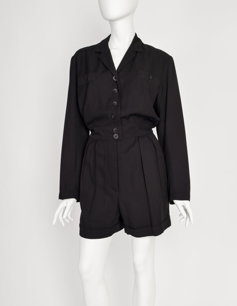Alaia Vintage Black Collared Long Sleeve Shorts Jumpsuit