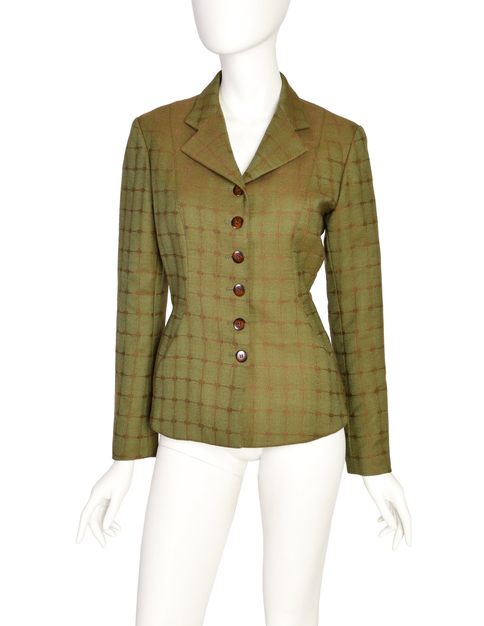 Alaia Vintage 1990 Green Brown Lace Up Back Wool Jacquard Blazer Jacket