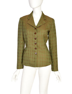 Alaia Vintage 1990 Green Brown Lace Up Back Wool Jacquard Blazer Jacket