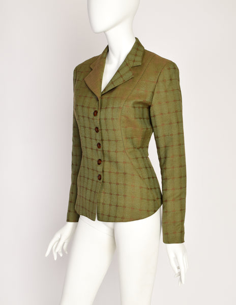 Alaia Vintage 1990 Green Brown Lace Up Back Wool Jacquard Blazer Jacket