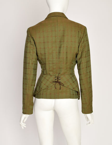 Alaia Vintage 1990 Green Brown Lace Up Back Wool Jacquard Blazer Jacket
