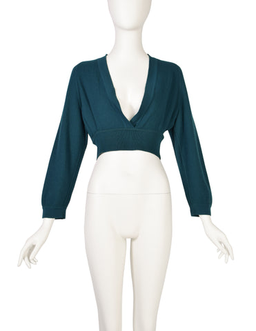 Alaia Vintage Deep Teal Green Deep V Cropped Knit Wool Sweater