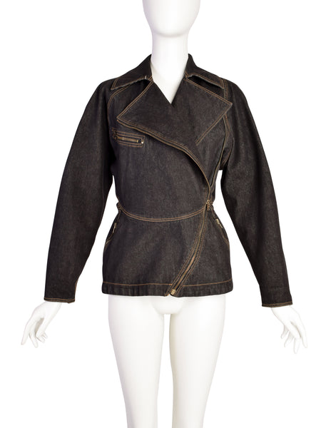 Alaia Vintage ICONIC 1986 Documented Nipped Waist Denim Moto Jacket