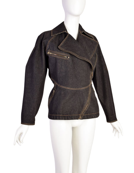 Alaia Vintage ICONIC 1986 Documented Nipped Waist Denim Moto Jacket