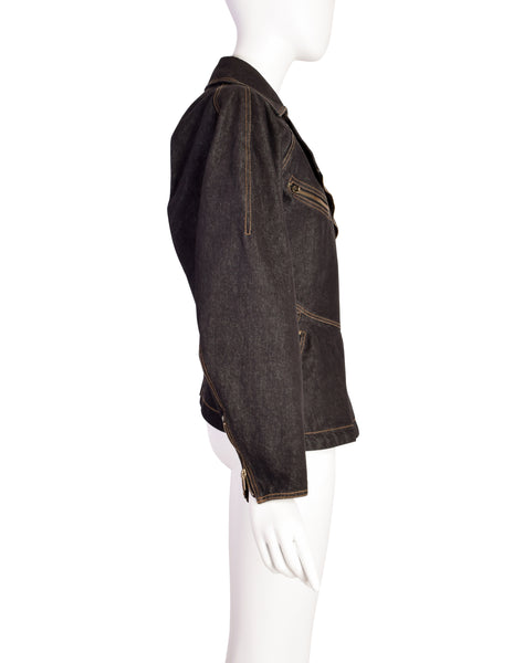 Alaia Vintage ICONIC 1986 Documented Nipped Waist Denim Moto Jacket