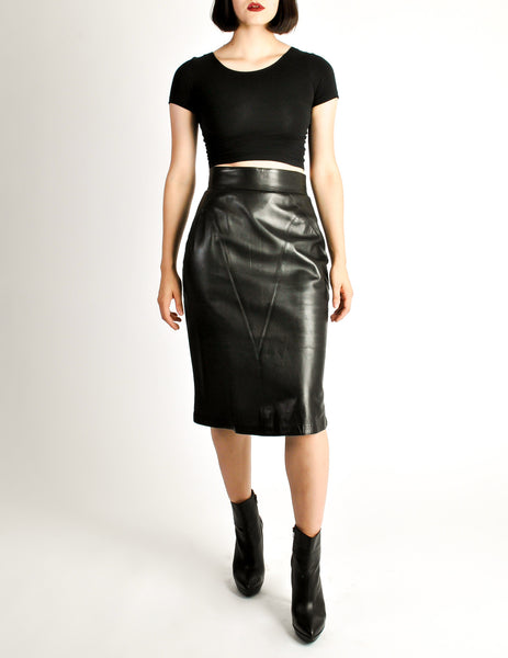 Alaïa Vintage Black Leather Pencil Skirt