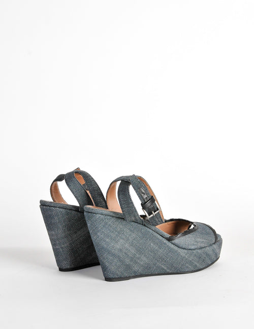 Ala a Vintage Leather and Denim Wedge Sandals Amarcord Vintage