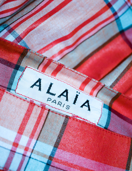 Alaia Vintage Red Plaid Multicolor Polished Cotton Skirt