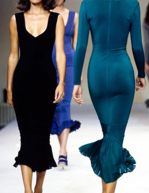 Alaia Vintage SS 1990 Sexy Black Ultra Body Con Pleated Detail Dress Amarcord Vintage Fashion Alaia Vintage SS 1990 Sexy Black Ultra Body Con Pleated Detail Dress Amarcord Vintage Fashion