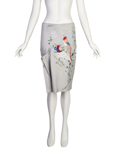 Alexander McQueen Vintage SS 2000 Grey Multicolor Embroidered Floral Bird Skirt