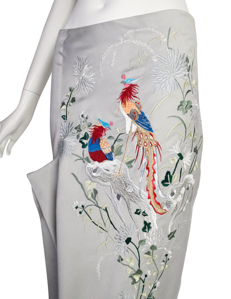 Alexander McQueen Vintage SS 2000 Grey Multicolor Embroidered Floral Bird Skirt