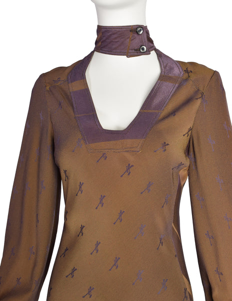 Alice Pollock Vintage 1973 Bronze Purple Iridescent Print Striped Satin Dress