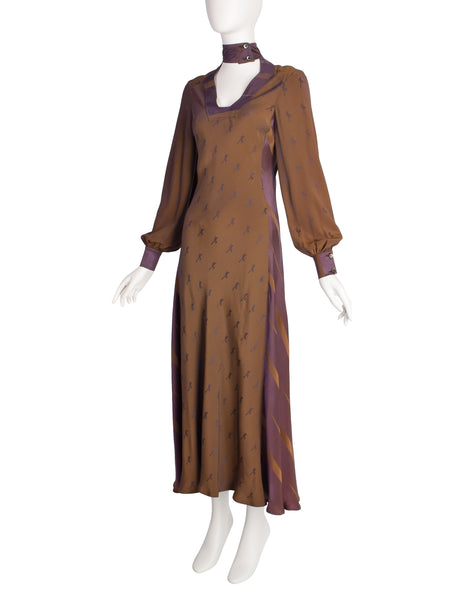 Alice Pollock Vintage 1973 Bronze Purple Iridescent Print Striped Satin Dress