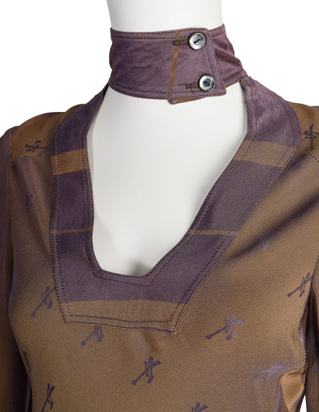 Alice Pollock Vintage 1973 Bronze Purple Iridescent Print Striped Satin Dress
