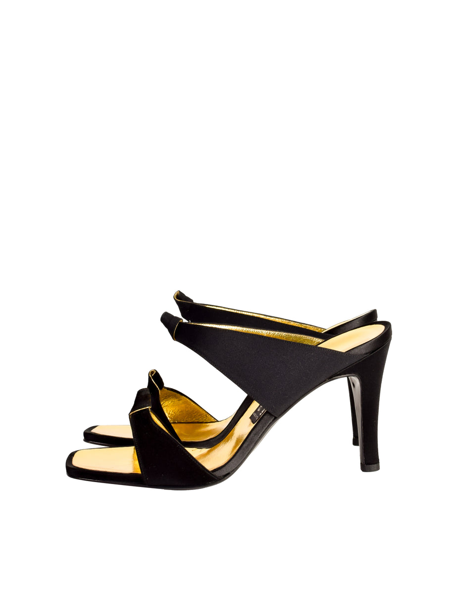 Andrea Pfister Vintage Black Satin and Gold Leather Knot Heels ...