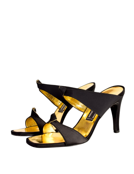 Andrea Pfister Vintage Black Satin and Gold Leather Knot Heels