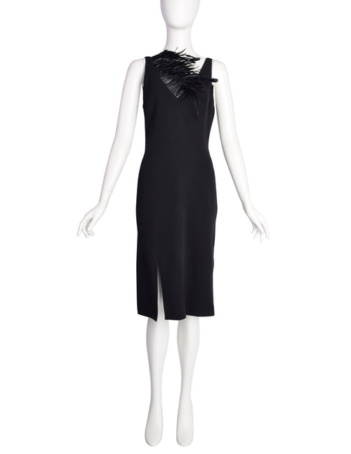 blue dress for baby girl Anna Molinari Vintage Black Dramatic Feather Neckline Sheath Dress