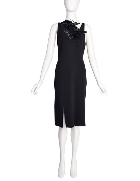 Anna Molinari Vintage Black Dramatic Feather Neckline Sheath Dress Anna Molinari Vintage Black Dramatic Feather Neckline Sheath Dress