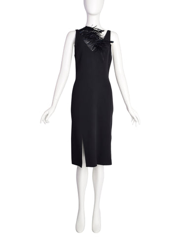 Anna Molinari Vintage Black Dramatic Feather Neckline Sheath Dress