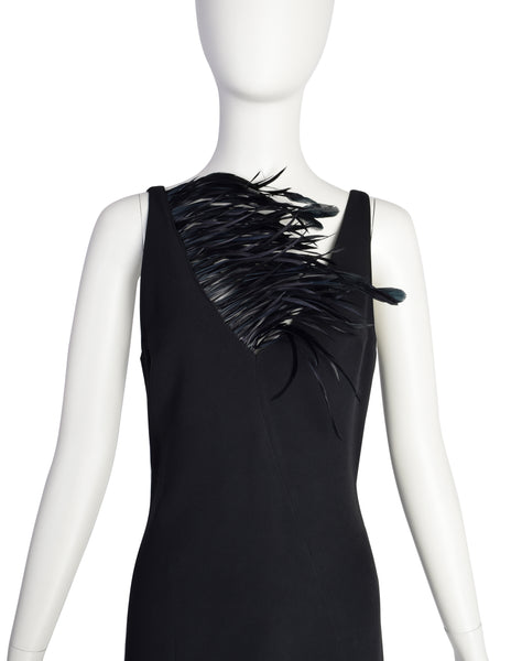 Anna Molinari Vintage Black Dramatic Feather Neckline Sheath Dress
