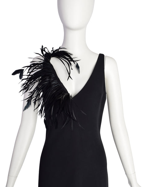 Anna Molinari Vintage Black Dramatic Feather Neckline Sheath Dress