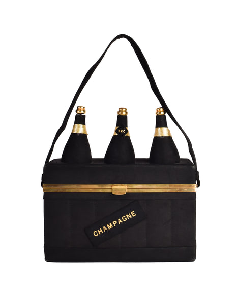 Anne Marie Paris Vintage 1940s Champagne Bottle Black Suede Gold Box Bag