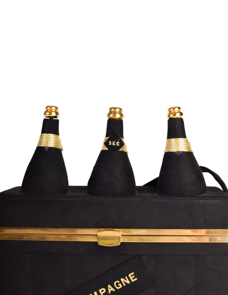 Anne Marie Paris Vintage 1940s Champagne Bottle Black Suede Gold Box Bag