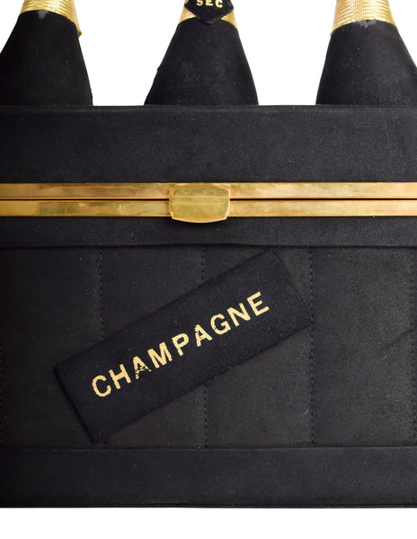 Anne Marie Paris Vintage 1940s Champagne Bottle Black Suede Gold Box Bag