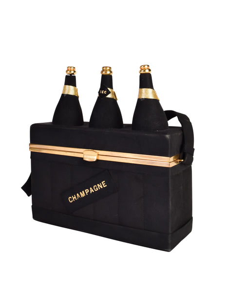 Anne Marie Paris Vintage 1940s Champagne Bottle Black Suede Gold Box Bag