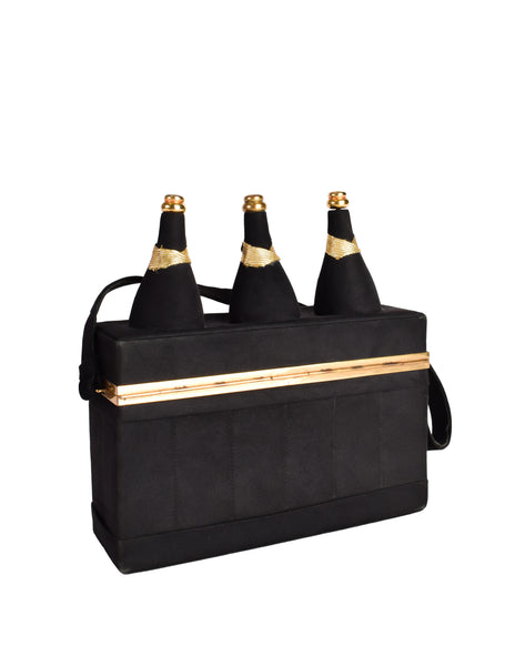 Anne Marie Paris Vintage 1940s Champagne Bottle Black Suede Gold Box Bag