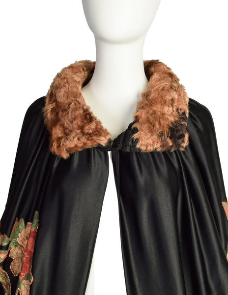 1920s Vintage Black Silk Satin Floral Applique Curly Lamb Collar Fringe Cape