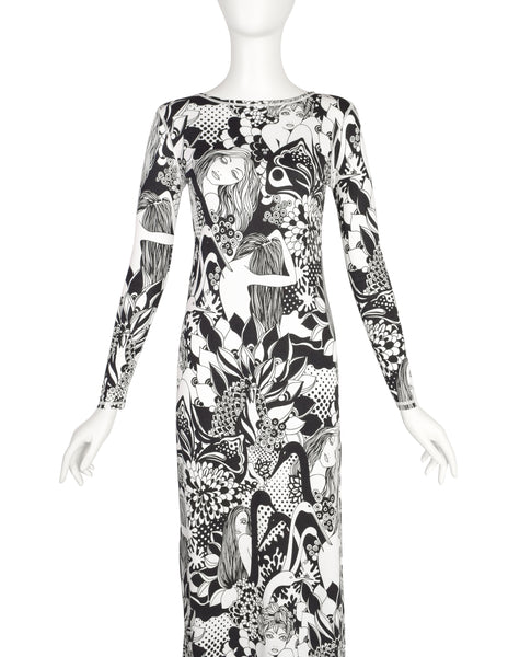 Cirette Vintage Amazing Black and White Women and Bird Novelty Print Maxi Dress