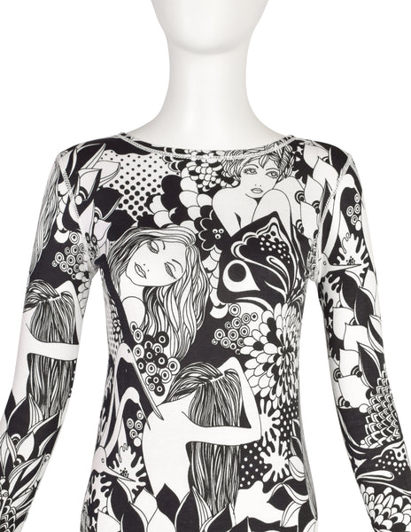 Cirette Vintage Amazing Black and White Women and Bird Novelty Print Maxi Dress