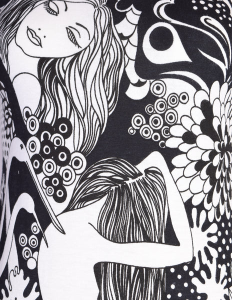 Cirette Vintage Amazing Black and White Women and Bird Novelty Print Maxi Dress