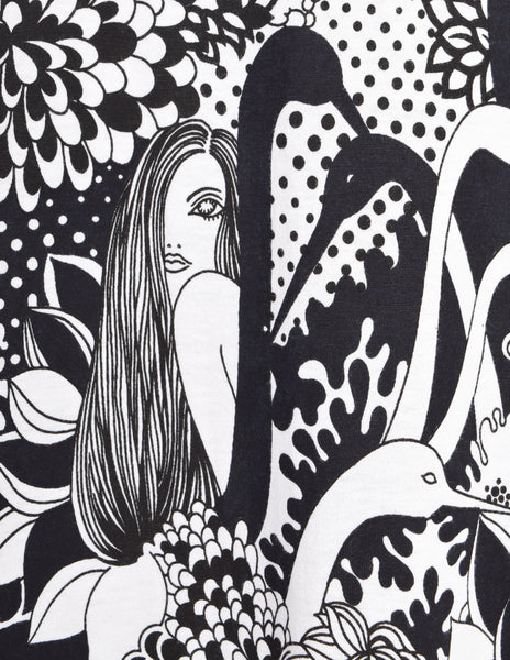 Cirette Vintage Amazing Black and White Women and Bird Novelty Print Maxi Dress