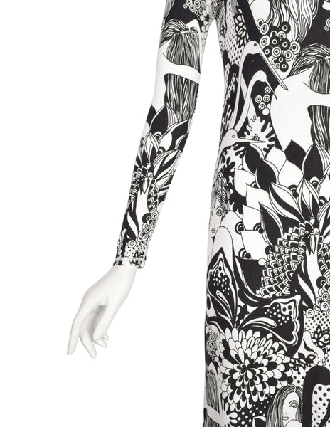 Cirette Vintage Amazing Black and White Women and Bird Novelty Print Maxi Dress