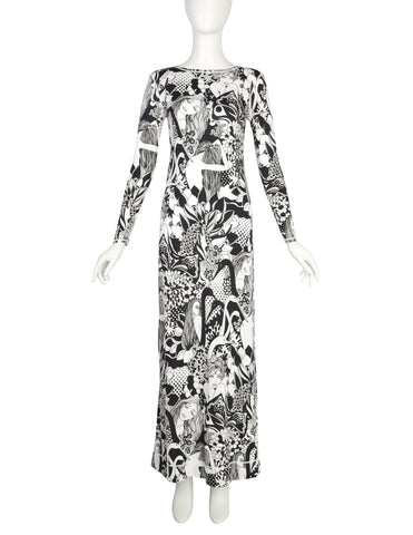 Cirette Vintage Amazing Black and White Women and Bird Novelty Print Maxi Dress