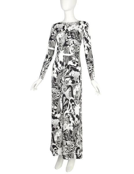 Cirette Vintage Amazing Black and White Women and Bird Novelty Print Maxi Dress